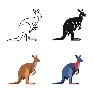 Four stylized illustrations of kangaroos in different colors and poses