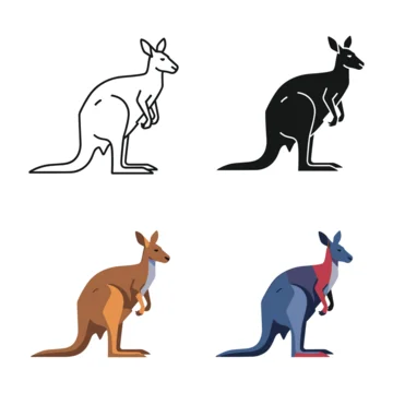 Four stylized illustrations of kangaroos in different colors and poses