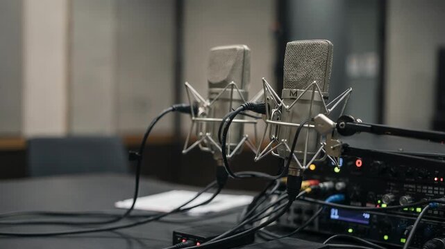 Interior studio scene with focused array microphones collecting layered spatial audio highlighting advanced sound capture gear against a diffuse softfocus background.