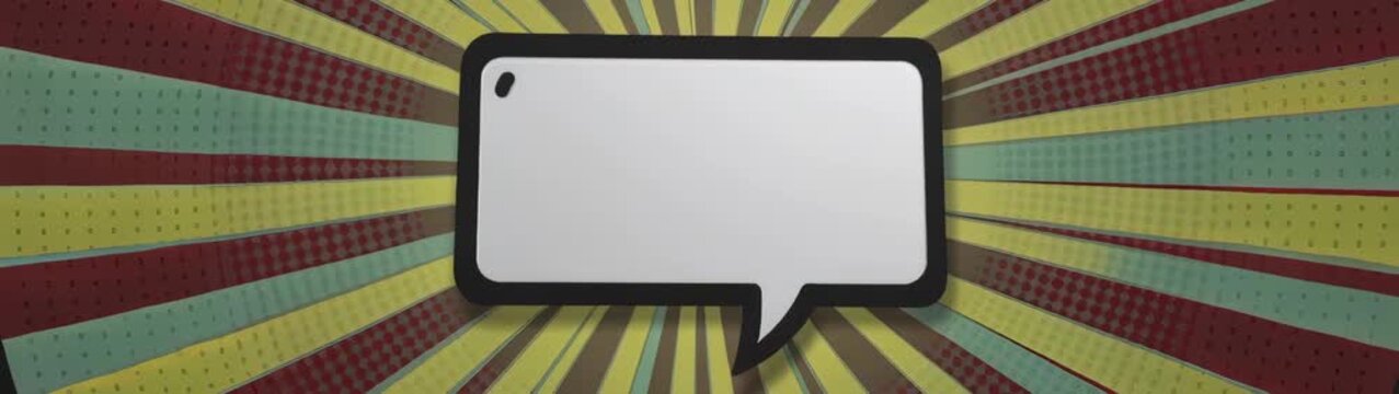 Empty rectangular speech bubble with rounded corners and a tail, set against a colorful vintage sunburst background pattern.