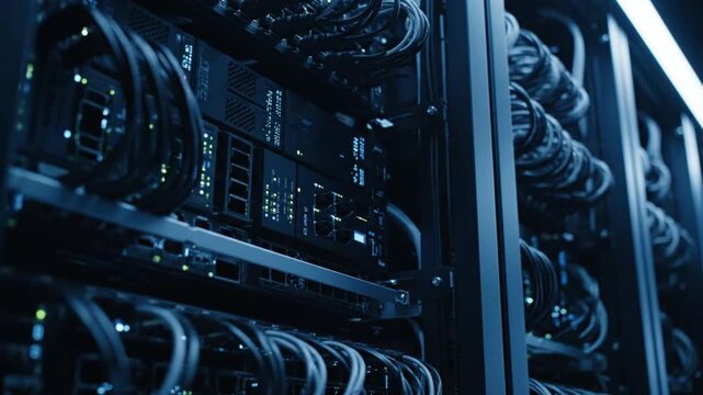 Modern data center server racks showcasing advanced network infrastructure and glowing hardware in a dimly lit, high-tech computing facility.