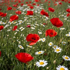 Fototapeta premium Aromatic Meadow of Poppies and Daisies, Floral Symphony in Summer Bloom