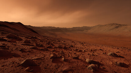 Fototapeta premium Vast Martian Landscape with Red Rocky Terrain under a Hazy Orange Sky, Illustrating an Alien World, Exploration, and Astronomical Discovery