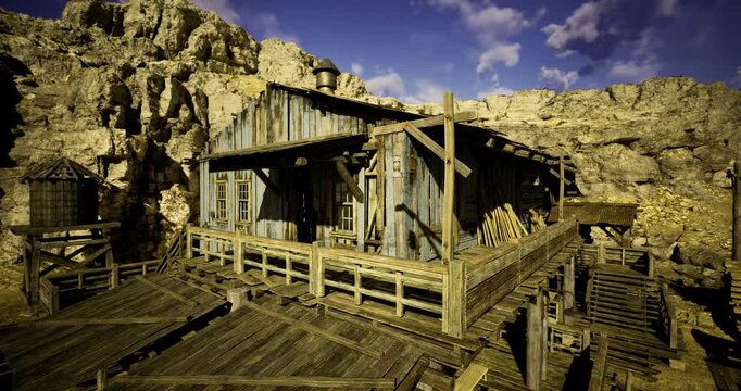 A rustic wooden cabin sits on a rocky outcrop surrounded by rugged mountains. Planks and tools are evident, hinting at past mining activities. The sky displays vibrant golden hues.