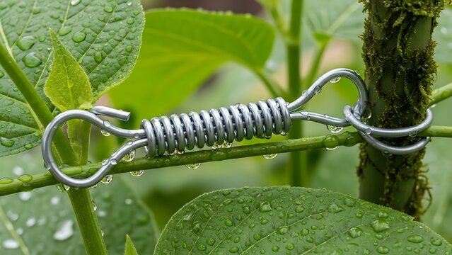 Close-up shot showcasing plant support with shiny metal coil extender