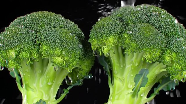 Two fresh broccoli florets with water droplets on a dark background.