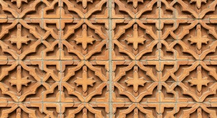 Naklejka premium Orange clay ventilation brick wall pattern with intricate geometric cross and floral motifs creates unique architectural facade background for modern construction projects and outdoor design layouts