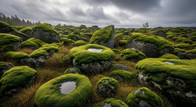 Moss-Covered Rocks: A field of moss-covered rocks glistens under a dramatic, cloudy sky, evoking a sense of ancient beauty and untamed wilderness.