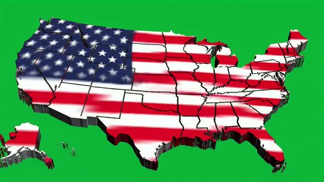 United States Map with American Flag Design on Green Background.