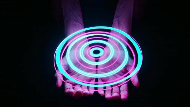 Abstract levitating hand surrounded glowing aura ring esoteric energy vibration mystic magic spell chakra healing spiritual meditation zen mind power occult soul surreal sound wave dynamic motion