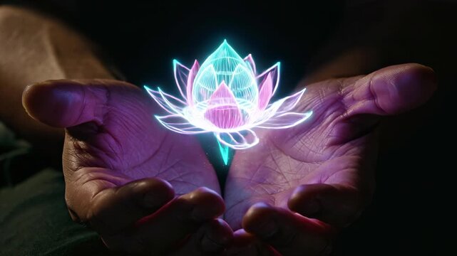 Abstract hand holding floating holographic lotus flower esoteric zen meditation chakra healing mystic aura spiritual awakening magic spell neon energy yoga mind balance peace future technology