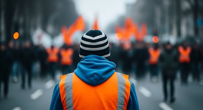 Back view of person in orange vest and striped hat facing a protest crowd