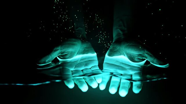 Abstract hand submerged glowing bioluminescent liquid esoteric magic spell healing energy aura spiritual purification mystic soul cleansing surreal fluid dynamic neon water wave motion physics