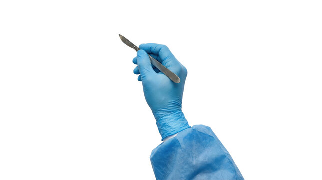 Surgeon hand in blue glove holding surgical scalpel