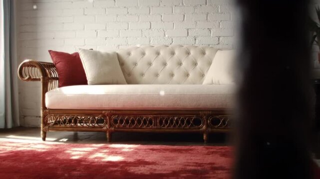Elegant tufted sofa with woven frame rests on a plush red rug.