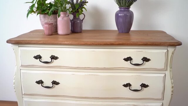 Antique-style dresser with floral arrangements and decorative vases