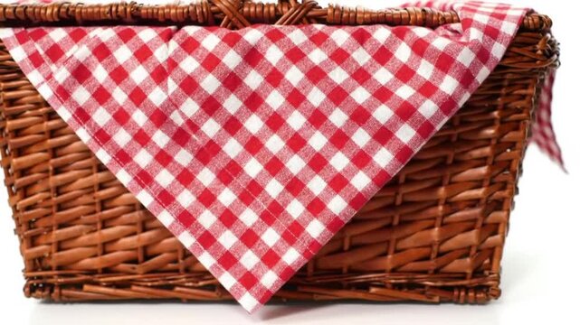Woven wicker basket with a red and white checkered cloth overlay.