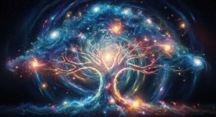 Fototapeta premium Cosmic Tree of Life with Divine Face in Celestial Universe