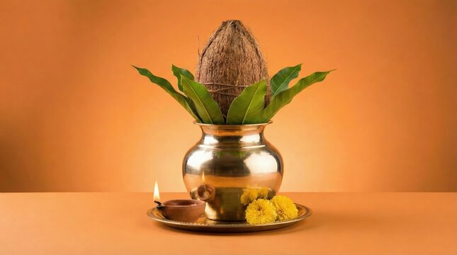Traditional festive kalash coconut arrangement with diya and marigold for Tamil Puthandu Vazhthukal.