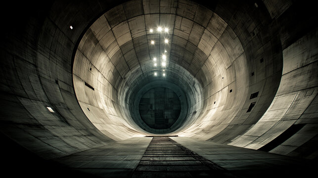 Low angle view of a ballistic missile warhead inside a concrete underground silo interior conveying an ominous military atmosphere