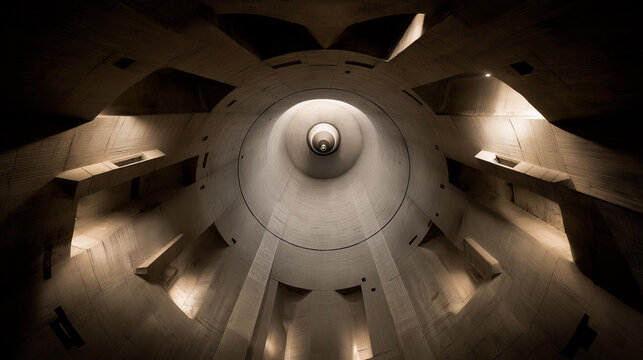Interior of a concrete missile silo showing a ballistic warhead from a low angle perspective in an underground military launch vault with an ominous industrial mood