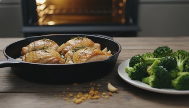 Golden Baked Chicken Thighs with Rosemary and Garlic in Skillet, Served Alongside Steamed Broccoli