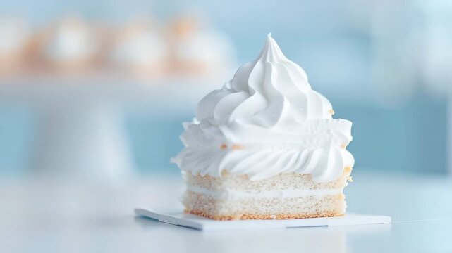 A slice of cake pastel stands on a white plate. The cake has layers of soft sponge and creamy frosting. The background shows blurred cupcake displays. Light shines on the dessert