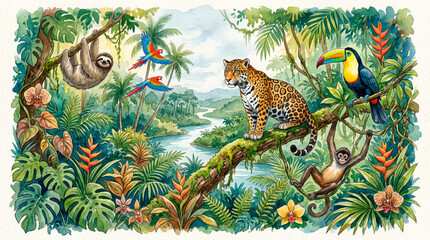 Fototapeta premium Rainforest animals living in a tropical jungle ecosystem