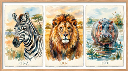 Fototapeta premium Watercolor paintings of a zebra, lion, and hippo creating a vibrant triptych