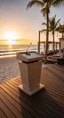Fototapeta premium Beachfront podium with sunset ocean backdrop offers serene presentation space