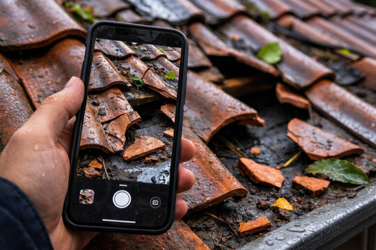 Closeup of a person using a smartphone to document broken clay roof tiles after a storm, highlighting insurance claims, property inspection, and home maintenance.