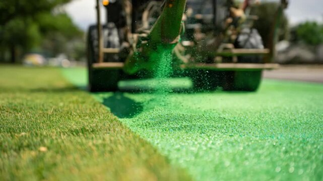 Medium shot capturing vibrant green lawn emerging as liquid seed mixture is evenly spread with hydroseeding equipment.