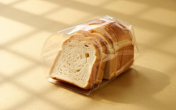 Fresh shokupan Japanese milk bread slices displayed in clear plastic packaging