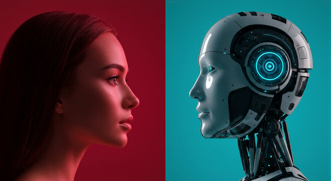Woman profile facing robot head in split view. Human versus artificial intelligence comparison. Future technology and digital evolution concept.