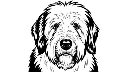 Old English Sheepdog Portrait Black and White Line Art Drawing