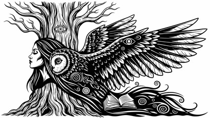 Mystical Owl Woman with Wings and Tree, Fantasy Art, Esoteric Symbolism, Black and White Illustration