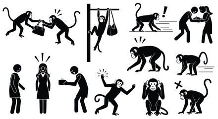 Collection of black silhouette stick figures and stylized monkeys illustrating concepts of theft and avoidance behaviors