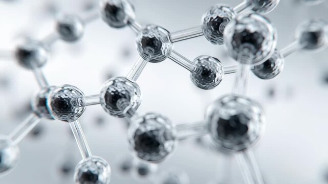 Complex, interconnected structure of carbon based molecules on a sleek blue background. Molecular atoms, intricate chemical bonds details. Scientific innovation research in modern context. Close-up