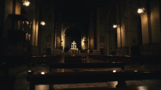 Empty Church With Soft Light Over The Altar
