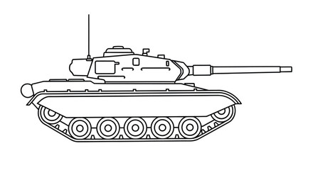 Line drawing of a military tank side view featuring a long barrel and tracks © Saidul_Studio1984