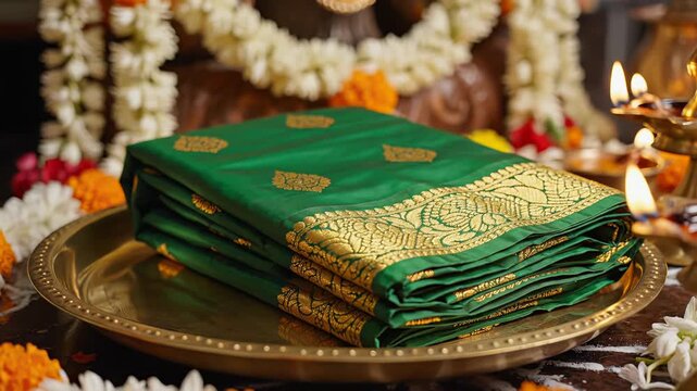 Folded Emerald Green Silk Saree With Intricate Gold Zari Border And Motifs Displayed On A Brass Plate Surrounded By Marigold Flowers And Lit Oil Lamps Creating A Festive Atmosphere