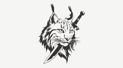 Obraz premium Black and white illustration of a lynx with a sword piercing through its mouth