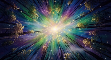Fototapeta premium Magical Forest Canopy with Vibrant Cosmic Light and Stars