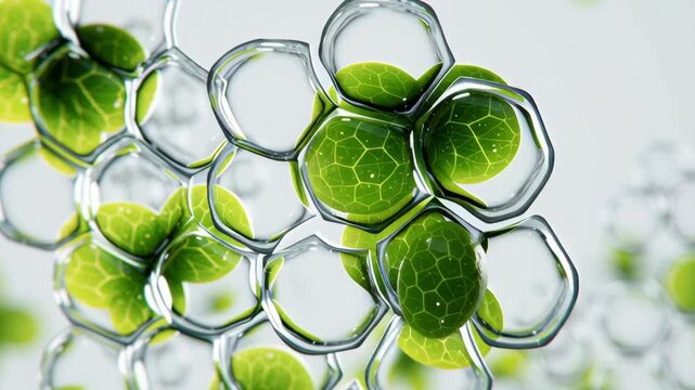 Biopolymer. Macro view of molecular nodes, polymer chains, durable materials. Engineered performance for next generation products. Structure for bioprinting research. Innovative science background.