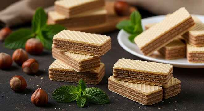 Stacked chocolate hazelnut wafers with fresh mint leaves and whole hazelnuts cookie sweet