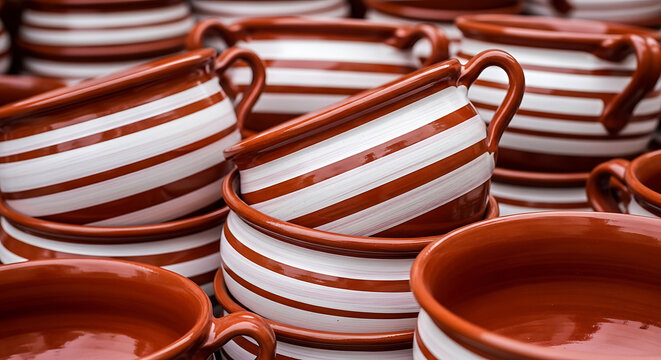 Stacked terracotta pottery with white stripes and handles ceramic earthenware bowls