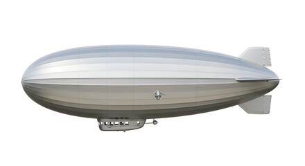 Modern silver blimp flying through clear sky with tail fin