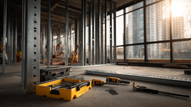 Steel studs framing inside a concrete building interior with construction tools scattered on the floor captured from a low angle at an active worksite