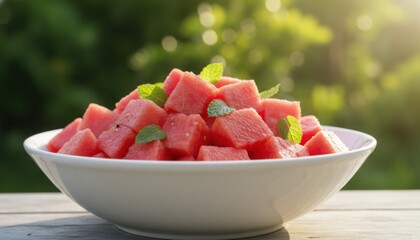 Artfully arranged cubes of juicy, fresh watermelon with mint garnish served in a white bowl outdoors
