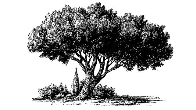 A detailed illustration of a mature tree with dense foliage and intertwined branches